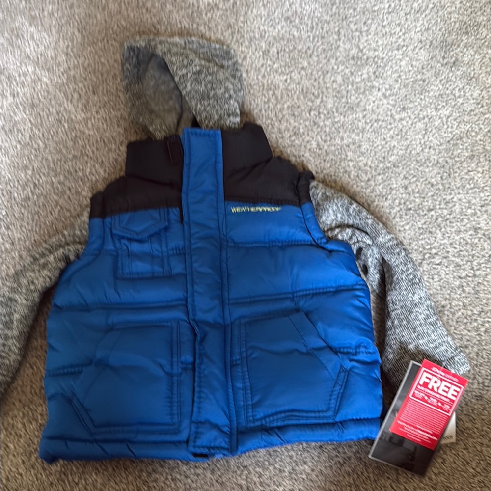 Blue and Black Puffer Vest with Gray Hood
